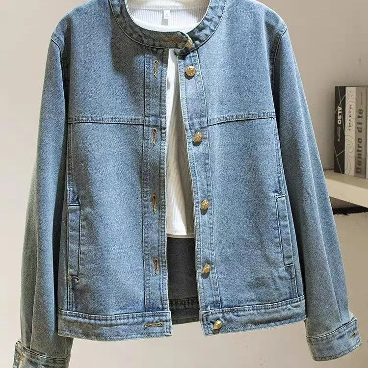 Loose Fit Retro Denim Jacket Stand Collar Versatile Spring Autumn New Style Small Size Jacket Top for Women Polyester Fiber