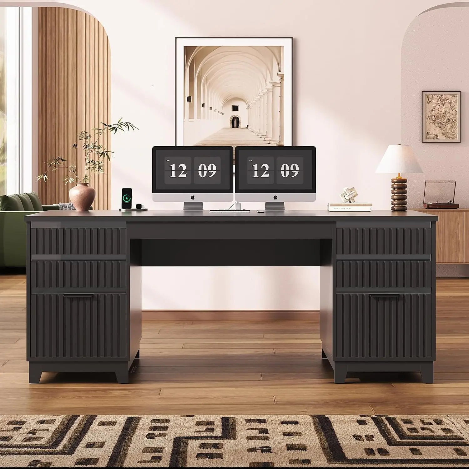 Fluted Office Desk with 6 Drawers & Acrylic File Cabinet, Computer Desk with Power Outlets for Home Office, 55.1