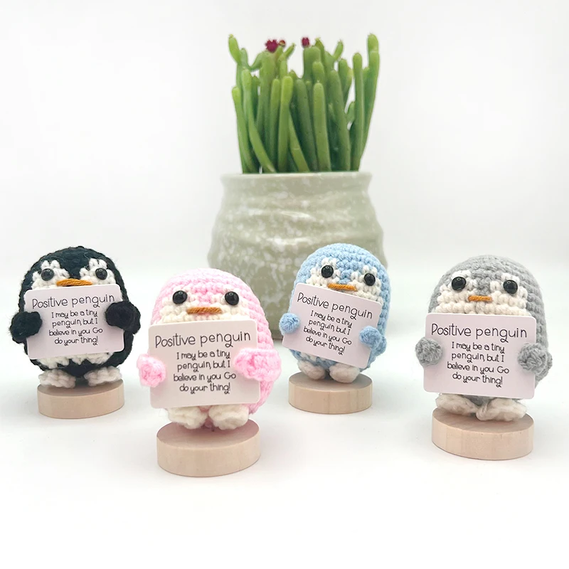Cute Smiling Penguin Doll Mini Animal Knitted Ornament Hand Woven Doll With Positive Card Encouragement Emotional Support Craft