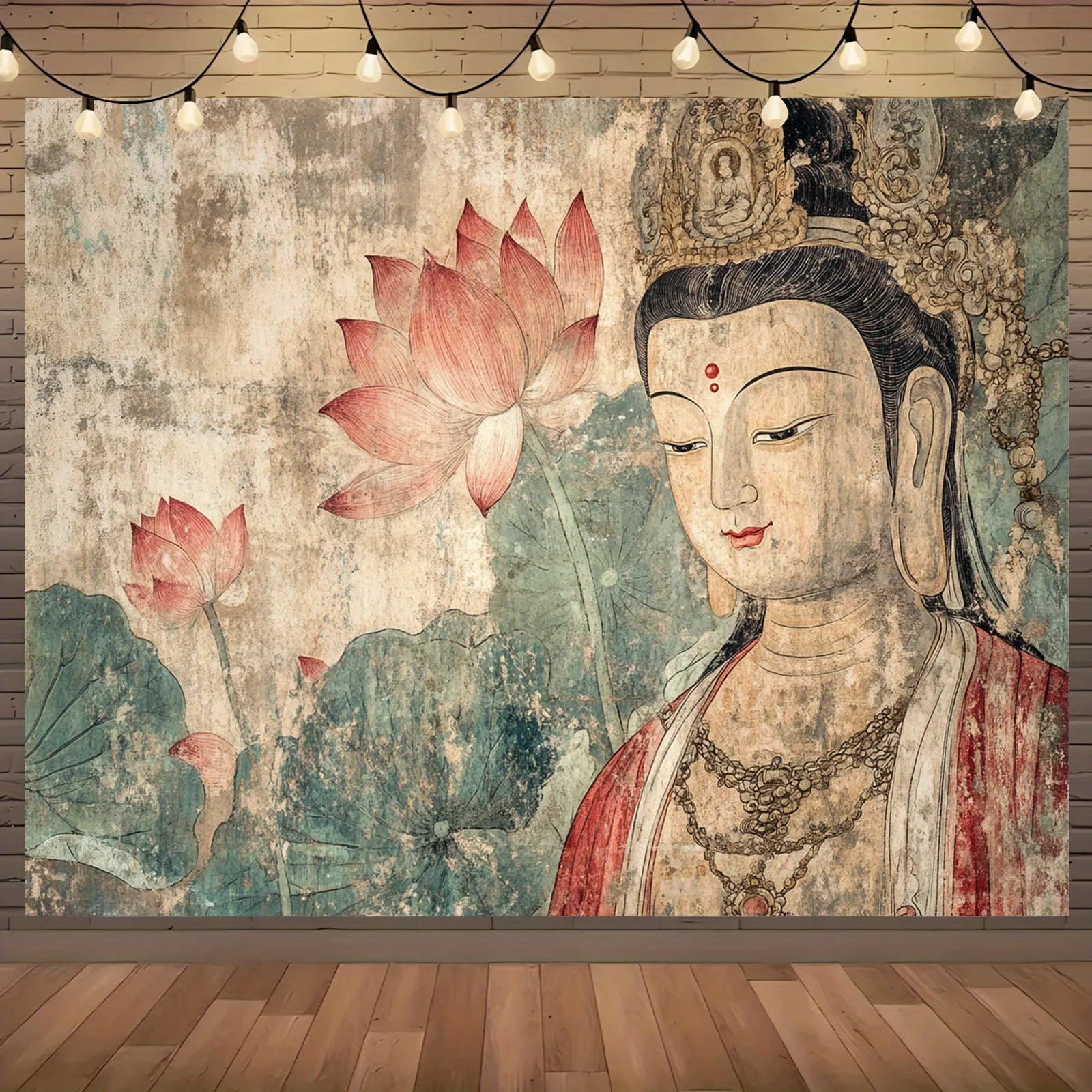 VIKAMA Dunhuang-Stil Guanyin & Lotus Wandteppich Retro Zen Buddha Statue Wandbehang für Teeraum, Wohnzimmer & Arbeitszimmer Dekoration