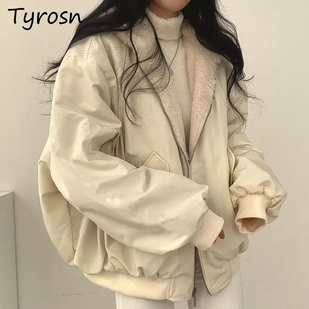 

Winter Warm Baggy Parkas Women Coats Hooded Zipper Teens Korean Fashion Plus-velvet Reversible Unisex Cozy Clothing Leisure Ins