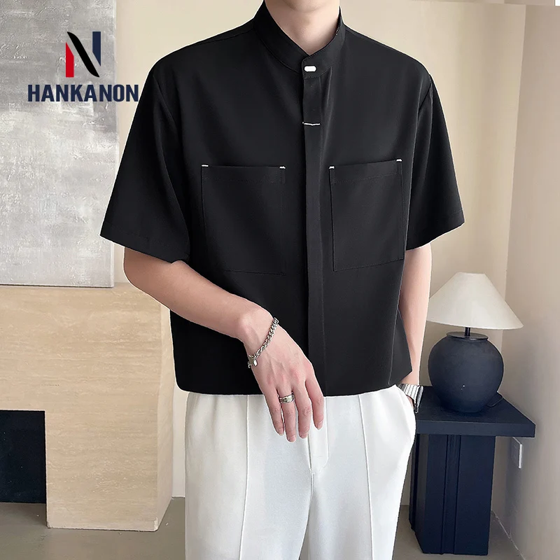 Chinese-style Stand-up Collar Hidden Button Ice Silk Short-sleeved Shirt for Men, Daily Casual Loose-fitting Breathable Shirt.