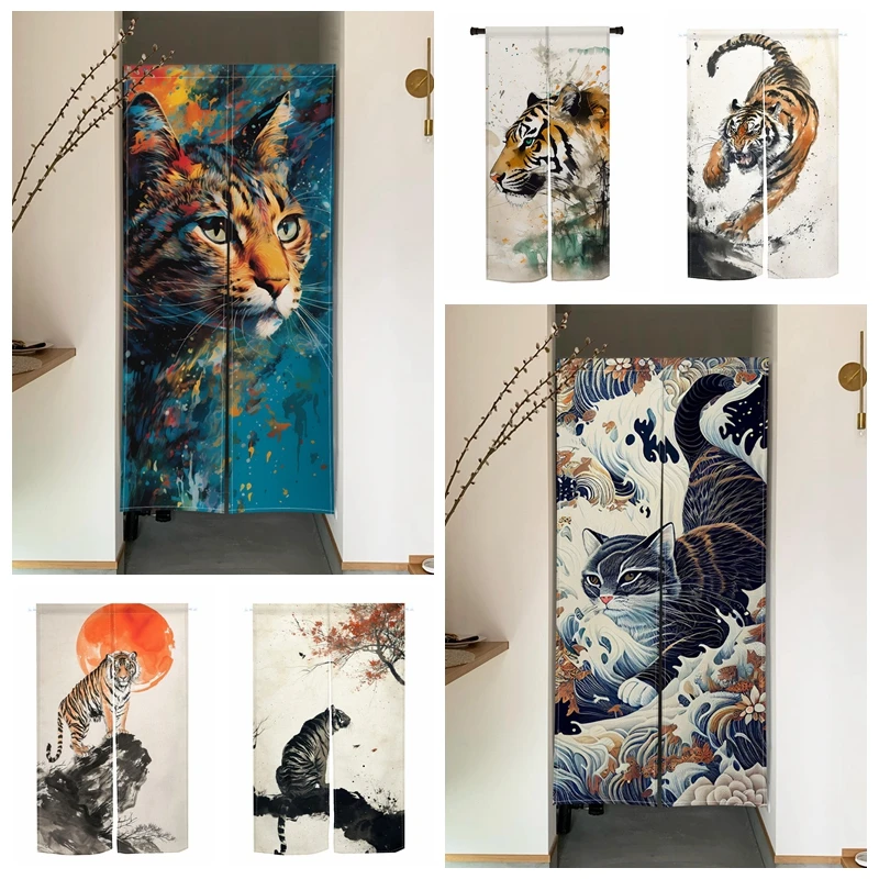 Animal Art Print Door Curtains Cat Tiger Wave Bedroom Linen Entryway Partition Screens Restaurant Kitchen Hanging Half-curtain