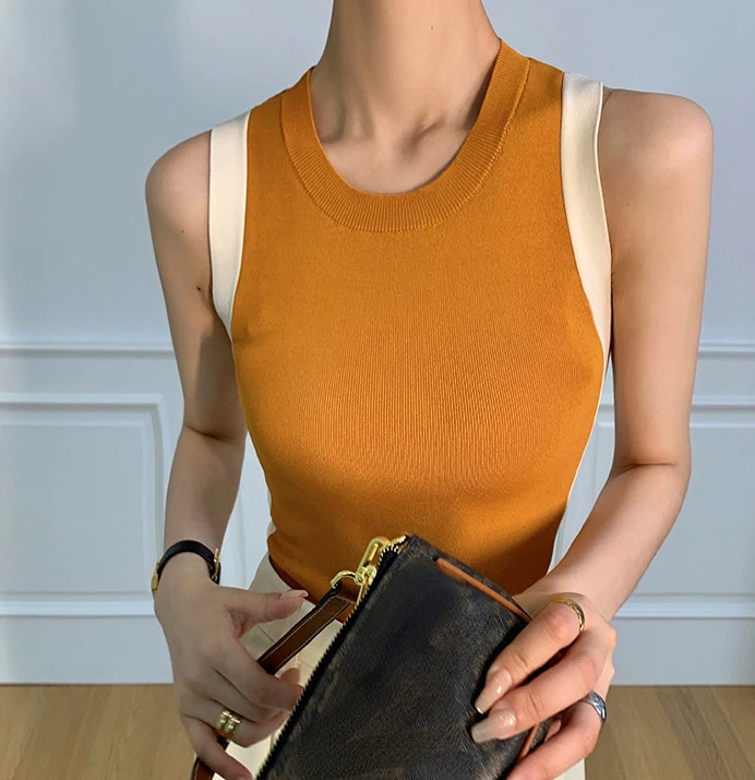 Camisola de alças laranja de rua alta feminina, camisola de malha justa, gola redonda elástica, Y2K, primavera e verão, 2024