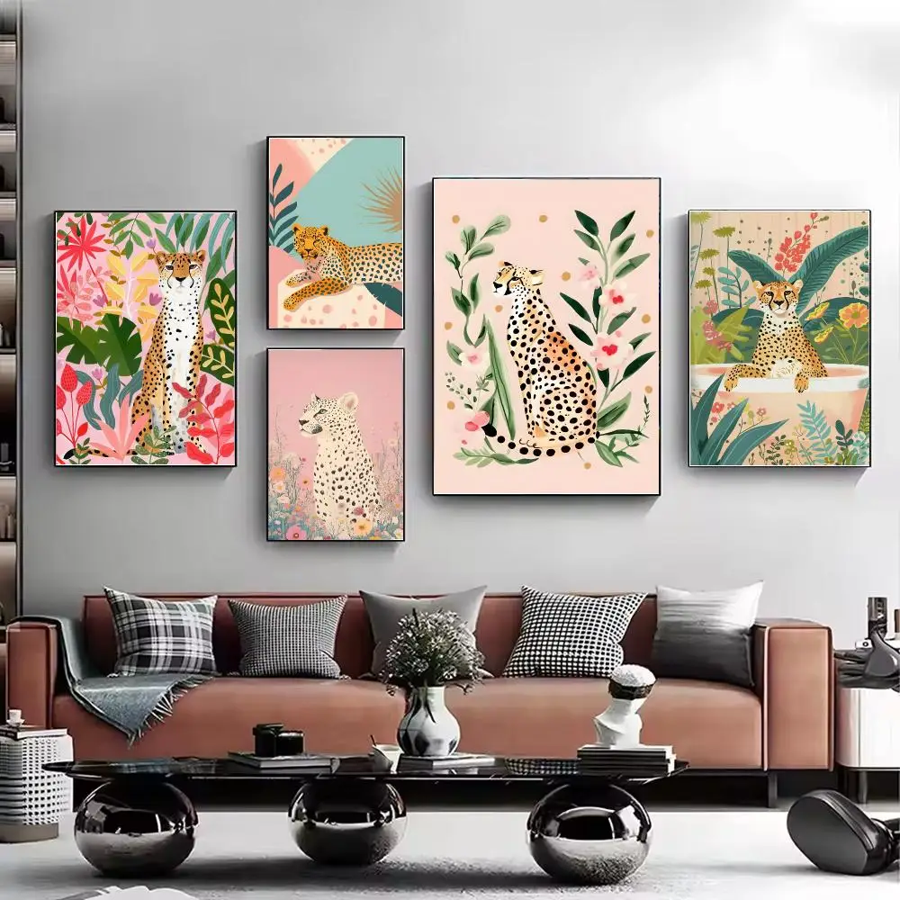 Cheetah Bathtub HD Wall Art Poster Boho Jungle Botanical Tropical Maximalist Eclectic Bathroom Kids Room Home Decor Gift