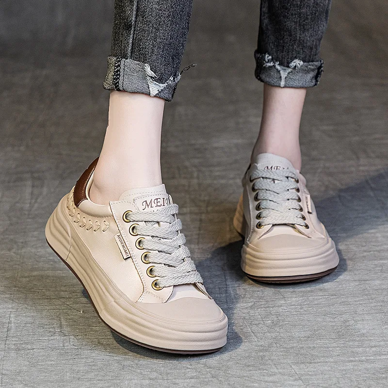 Premium 100% Genuine Leather Women Sneakers Casual Shoes Flat Trend Shoes 2024 Popular Autumn Comfort Casual Sneakers