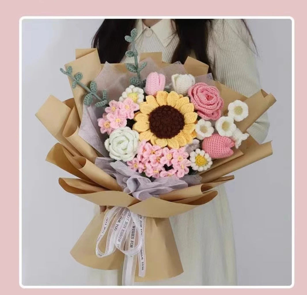 Hand-woven bouquet diy material package homemade hand-woven wool simulated sunflower rose mix and match finished gift