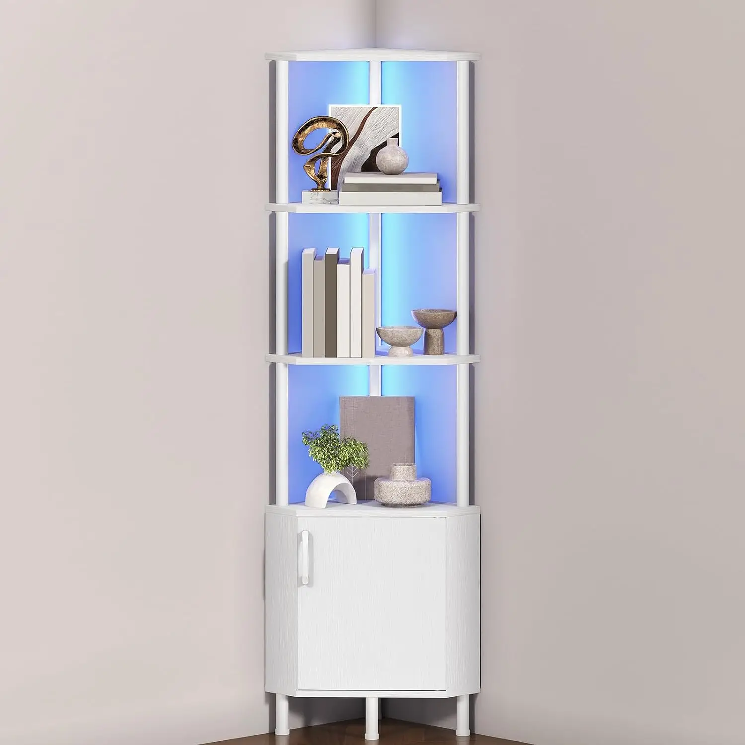 

Corner Cabinet with LED Light, 5-Tier Industrial Corner Bookshelf, 59” Tall Display Rack with Storage Doors, for Living Room