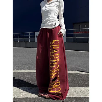 Red Y2K Baggy Letter-Print Sweatpants 3 Women Red Baggy Letter Print Ripped Sweatpants Oversize Dance Pants Harajuku Aesthetic 2000s Style Vintage Y2k Wide Trousers 3