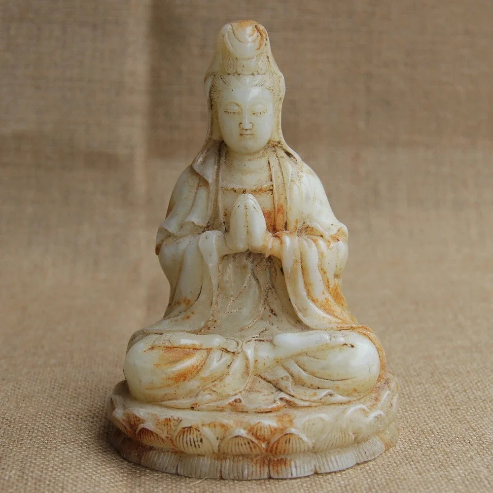 Chinese White Jade Hand-carved Sitting Pray Lotus Guanyin Kwan-yin Bodhisattva Statue