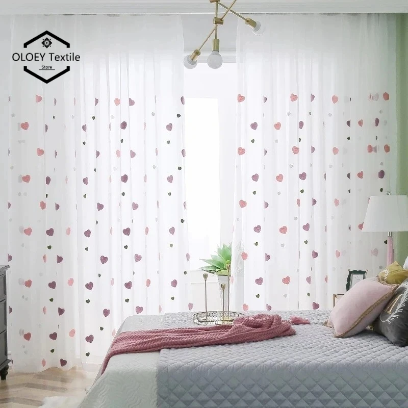 Kids Room Heart Embroidered Tulle Curtains Pink Princess Sheer Voile Cute Cartoon Window Drapes Rod Pocket Nursery Decor Dreamy