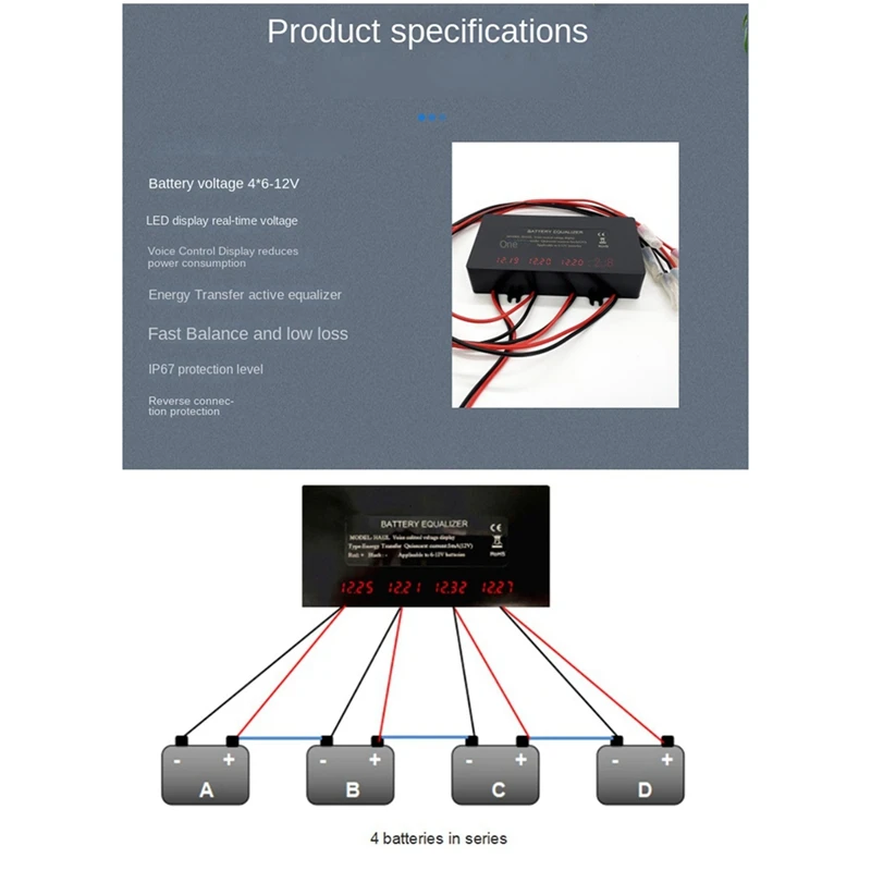 HA12L LED Display Battery Balancer For 4 X 12V Battery Balancer 4S Active Voltage Lead-Acid Li-Ion Lifepo4 Batteries