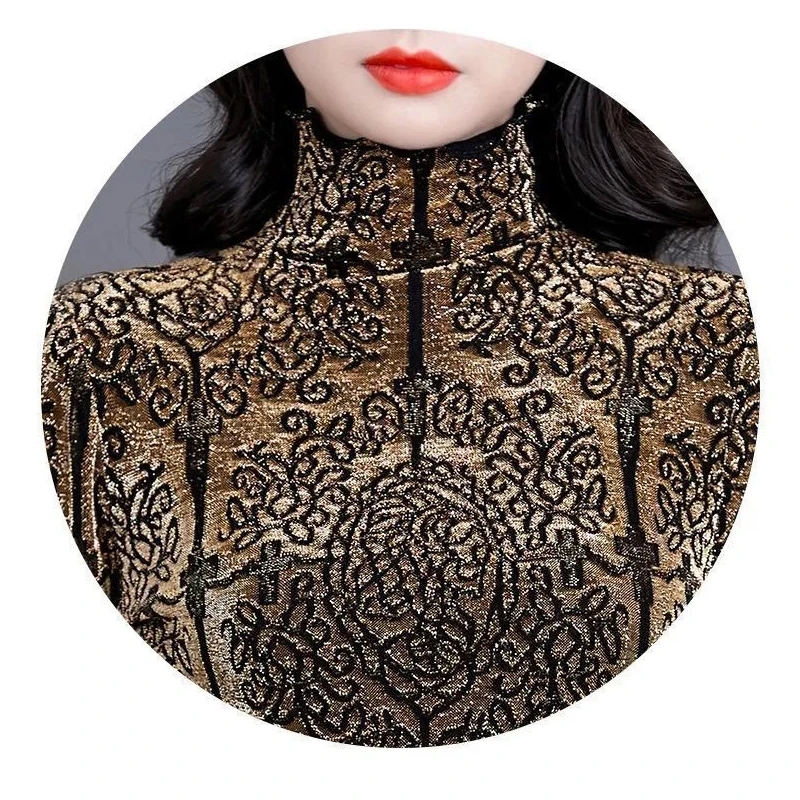2023 autunno inverno donna Retro Graphic peluche spessa Basic top moda elegante collo alto manica lunga Slim T Shirt Ropa De Mujer