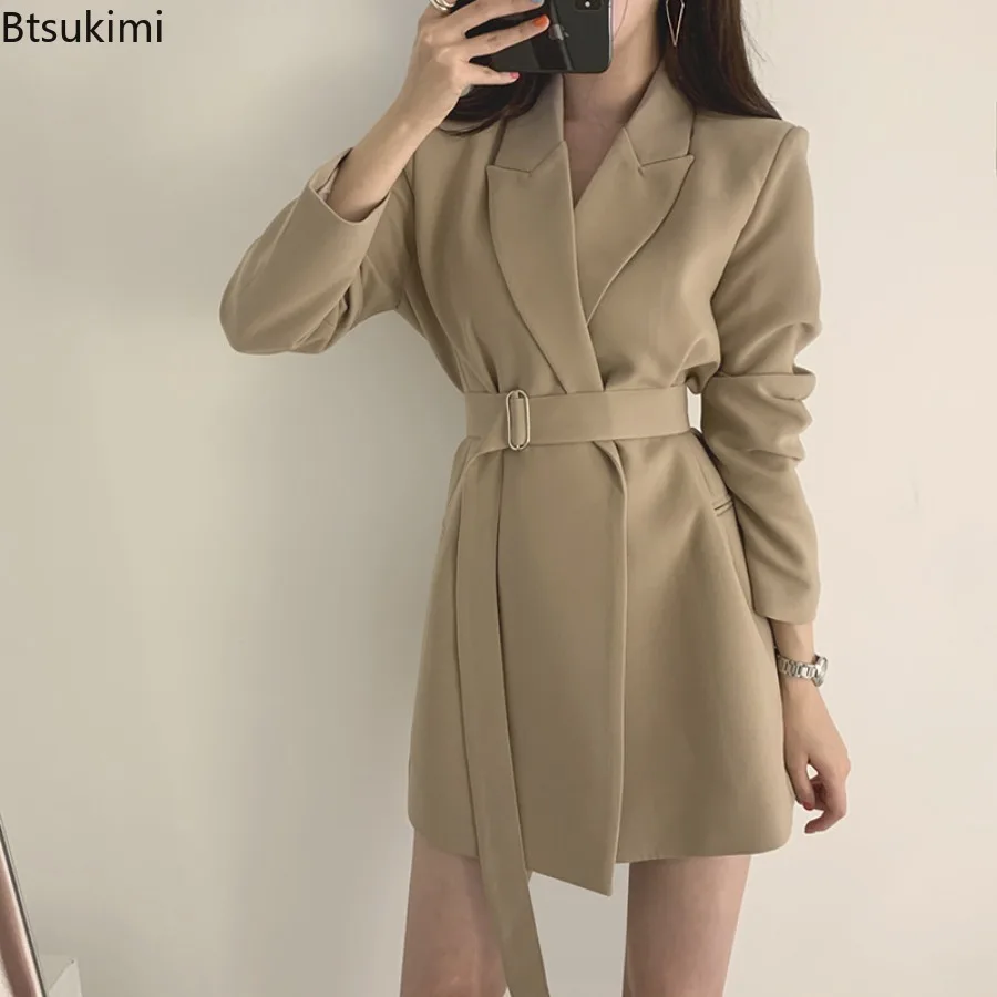 2025 chique vintage com cinto estilo coreano feminino casual ins terno jaqueta casaco longo fibra de poliéster manga cheia botão decoração