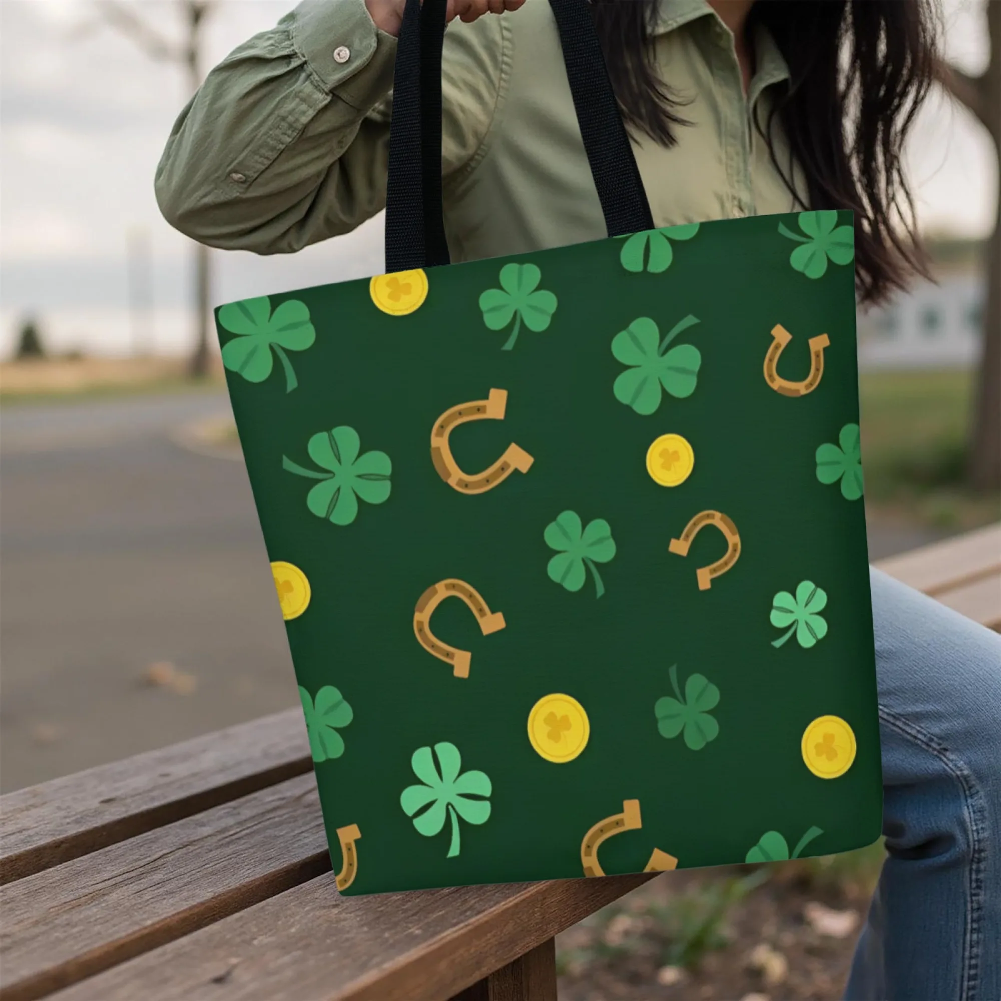 

Clover Coin Horseshoe Lucky Wind Canvas Tote Bag Green Fresh and Soothing Holiday Shoulder Handbag St. Patrick's Day Gift