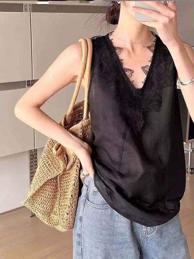 

plus Size Women's Sexy Sleeveless V-Neck Tank Top Summer Thin Loose Mid-Length Lace Shirt for And Pear Shaped Women