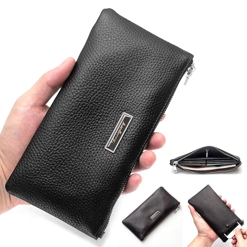 Genuine Cow Leather Men's Zipper Wallet Soft Clutch Handbag Business Casual Long Wallet Women's Purse Card Holder Smartphone Bag