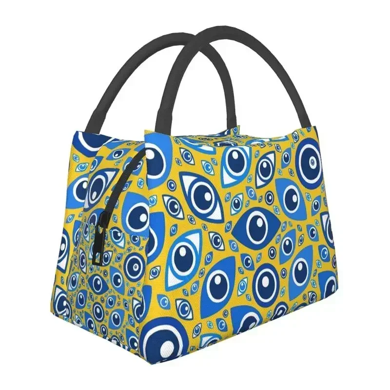 

Greek Evil Eye Pattern Blues On Yellow Insulated Lunch Bag Women Resuable Bohemian Thermal Cooler Bento Box Office Picnic Travel