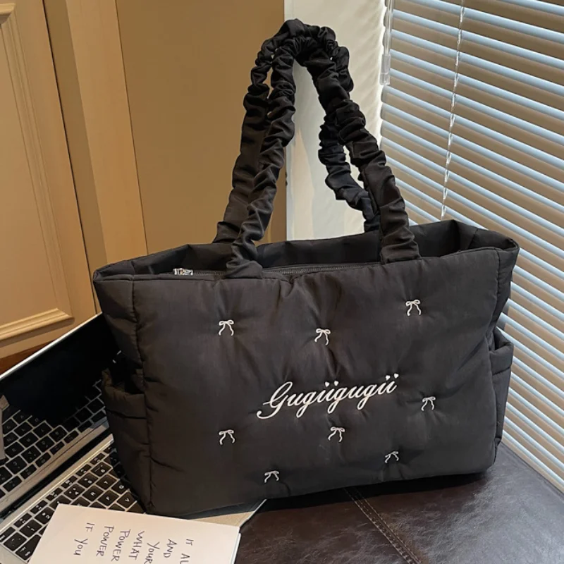 

Bow Embroidered Tote Bag Large Capacity Korean Ruched Handle Shoulder Bag Puffy Fabric Women Commute Handbag With Side Pockets