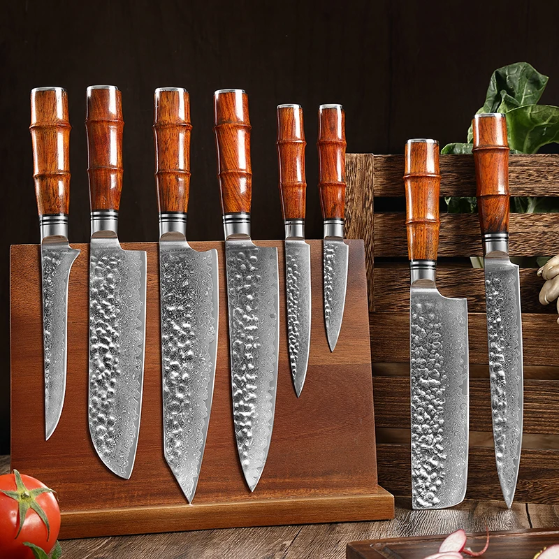 TJ POP Forged 8 Pcs Kitchen Knives Set Damascus Steel Sharp Japanese VG10 Santoku Utility Kiritsuke Boning Nakiri Chef Knife