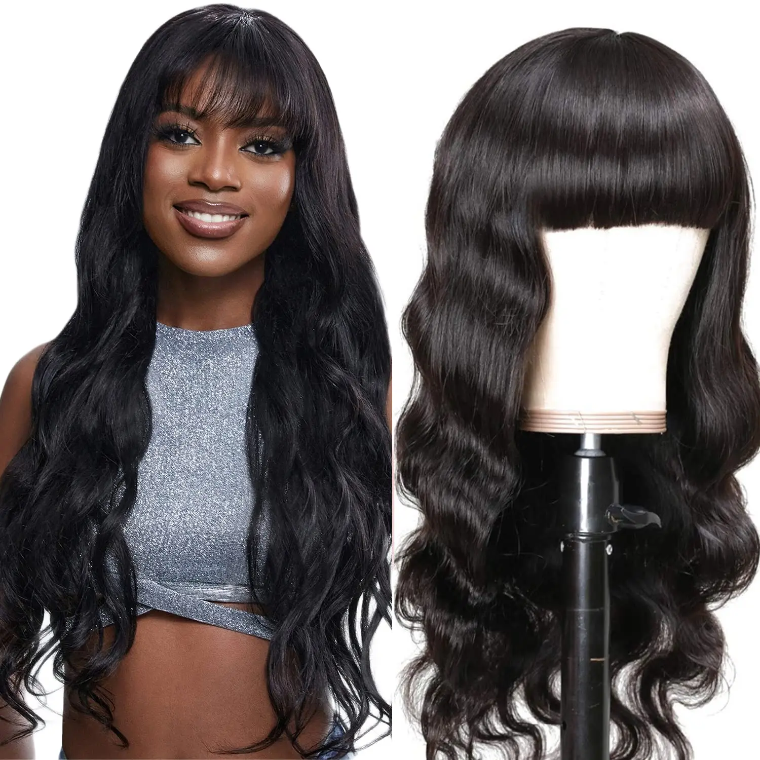 

Body Wave Wigs with Bangs Human Hair Full Machine Made Wig for Black Women 180% Density Brazilian Virgin Hair None Lace Wigs