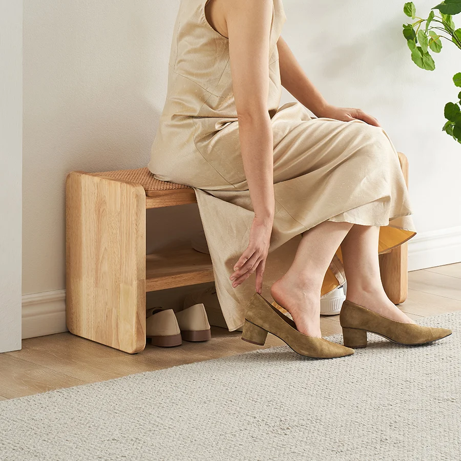 

Solid Wood Shoe Bench Scandinavian Entryway Stool with Shelf Minimalist Japanese Hallway Seat Long Ottoman for Home & Apartment