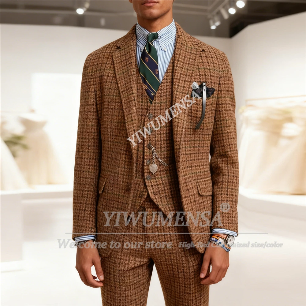 

Мужской модный твидовый клетчатый костюм, мужской однобортный пиджак для жениха, облегающий костюм в британском стиле, смокинги для выпускного вечера