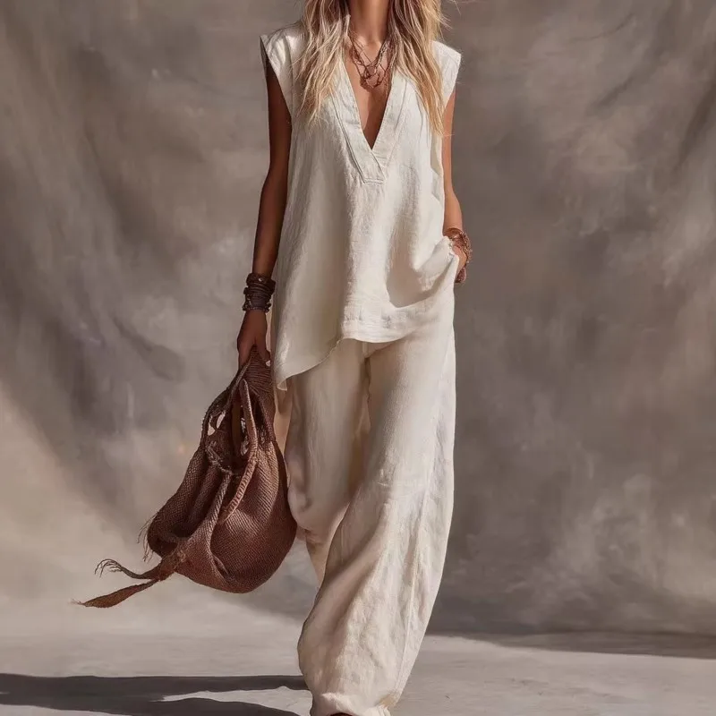 

2026 New Summer Women's Pants Set Sleeveless Solid Color Casual Loose Fashionable Comfortable Versatile Simple Daily Pants Set