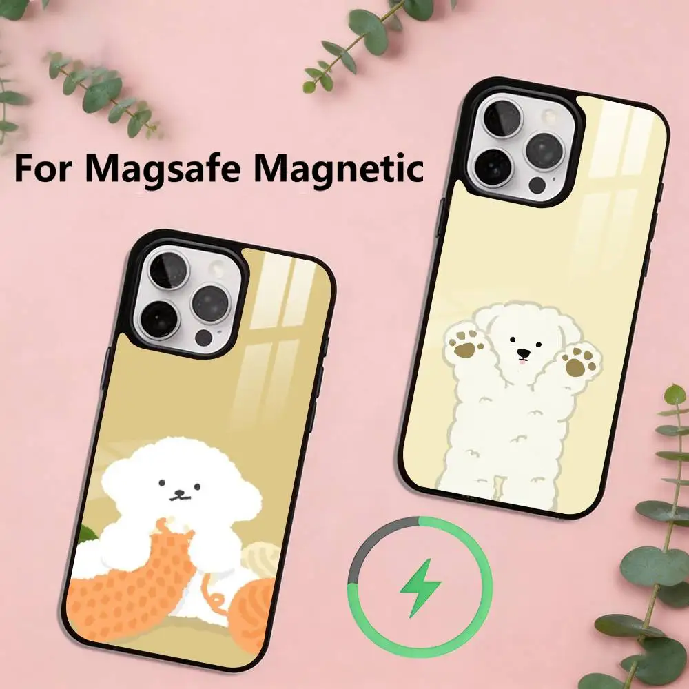 

Korean Lovely Line White Puppy Cute Phone Case For iPhone17,16,15,14,13,12,11 Plus,Pro Magnetic For Magsafe Wireless Charging