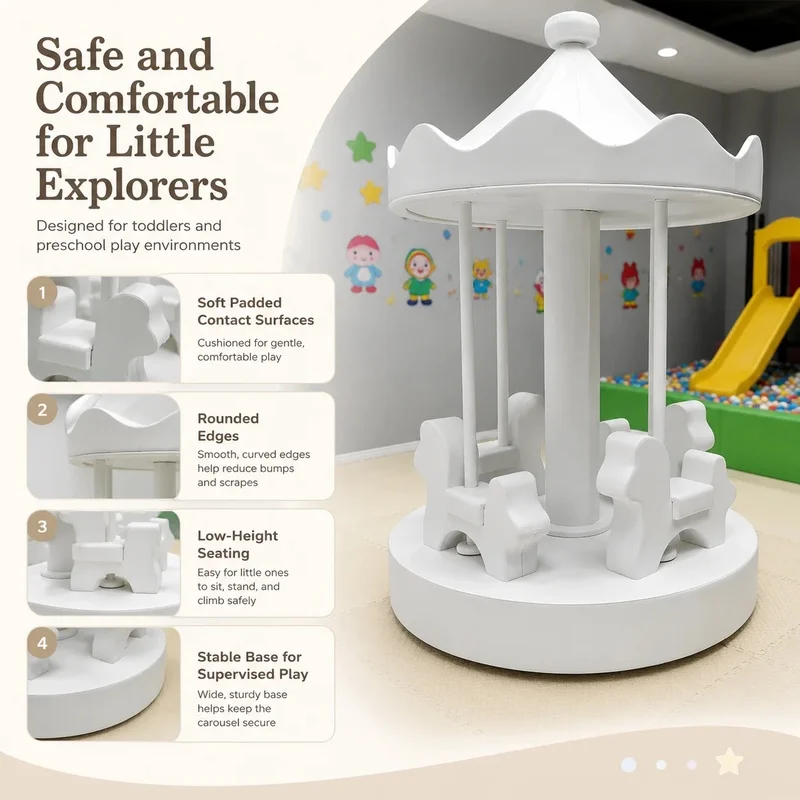 Commercial Soft Play White Horse Rider Carousel Merry Go Round White Carousel Indoor Playground for Party Rental