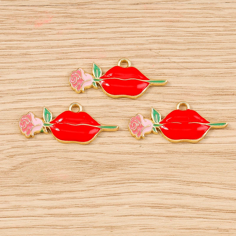 Tusember 10 Stück Mix Niedliche Kuss-Rosenblüten Rote Lippen Lippenstift-Anhänger für Schmuckherstellung Halsketten Ohrringe Armbänder DIY – Detail 8