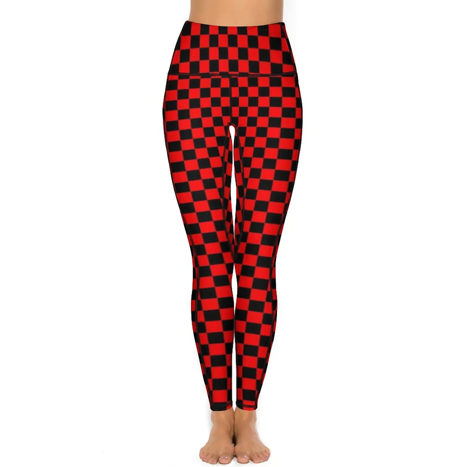 Simple Checkerboard Leggings Red and Black Checkered Push Up Yoga Pants Vintage Elastic Yoga Legging Pockets Gym Sports Tights