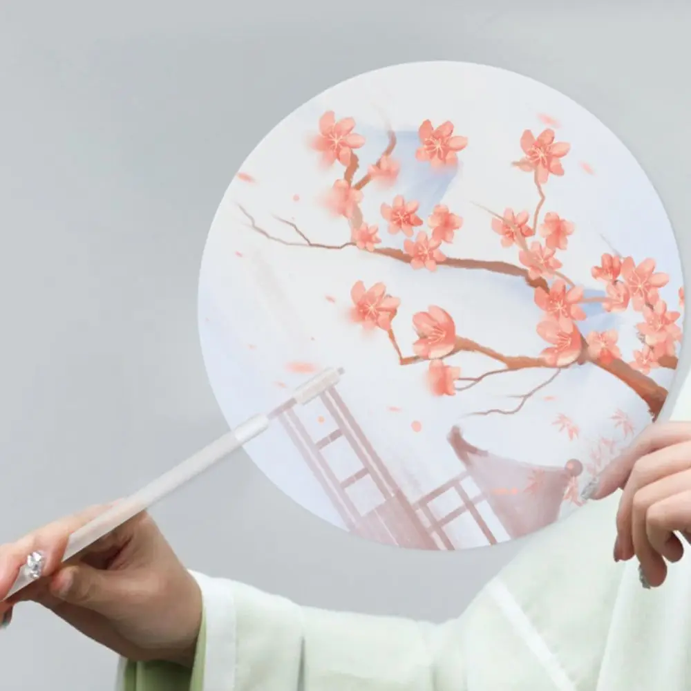 Frosted Fan Handle Ancient Long-handled Fan High-looking Anti-break Handheld Round Fan Translucent Color Printing