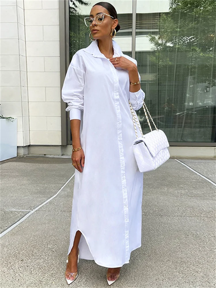 CHRONSTYLE Women Loose Casual Kaftan Long Maxi Shirts Dress 2022 Solid Long Sleeve Lapel Single-breasted Dresses Female Vestidos