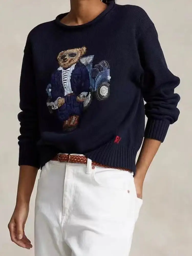 

Fashion Women's Knitted Pullovers Round Neck Long Sleeve Autumn Winter 2024 New Casual Hit Color Vintage Embroidery Bear Sweater