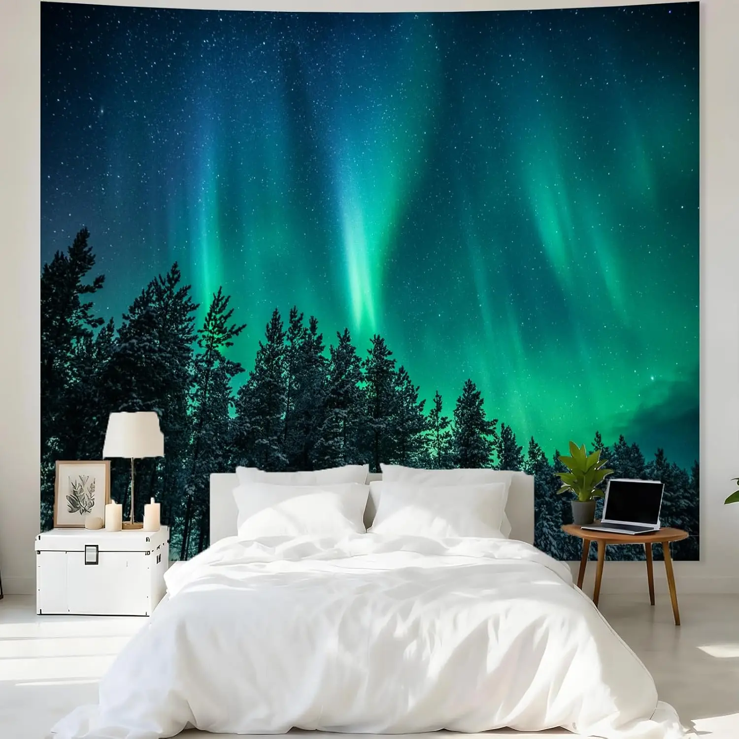 Forest Wall Tapestry for Bedroom Aesthetic, Nature Outer Space Galaxy Starry Night Tapestry Wall Hanging, Green Landscape
