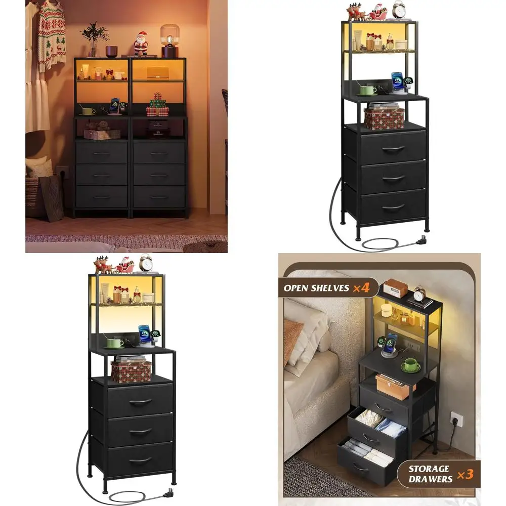 

Современная прикроватная тумбочка с 3 ящиками, зарядной станцией и светодиодной подсветкой, черная