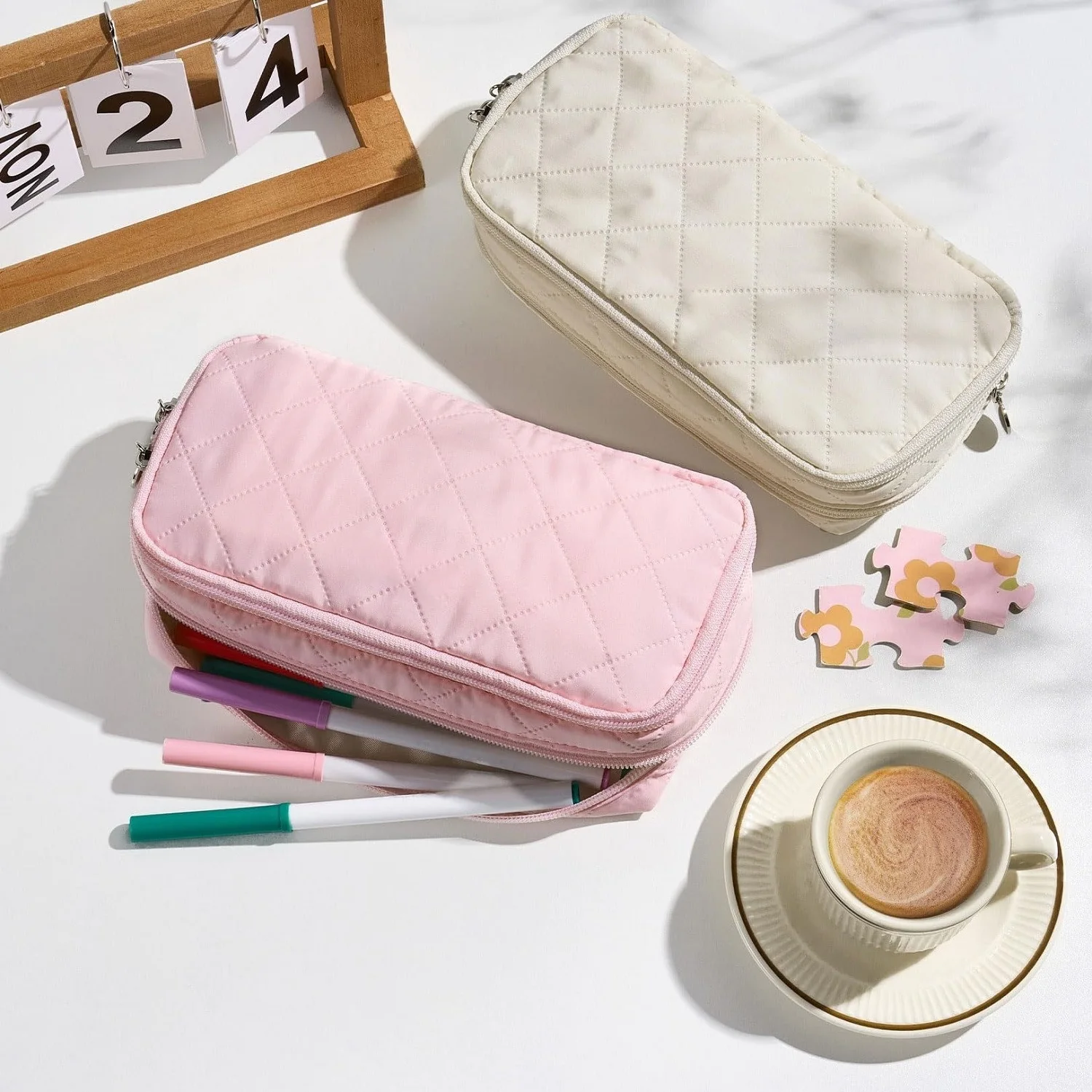 Makeasy Pencil Case Large Capacity Pencil Pouch Soft Quilted Pen Bag Office Stationery Organizer Sturdy Pencil Bag for Women