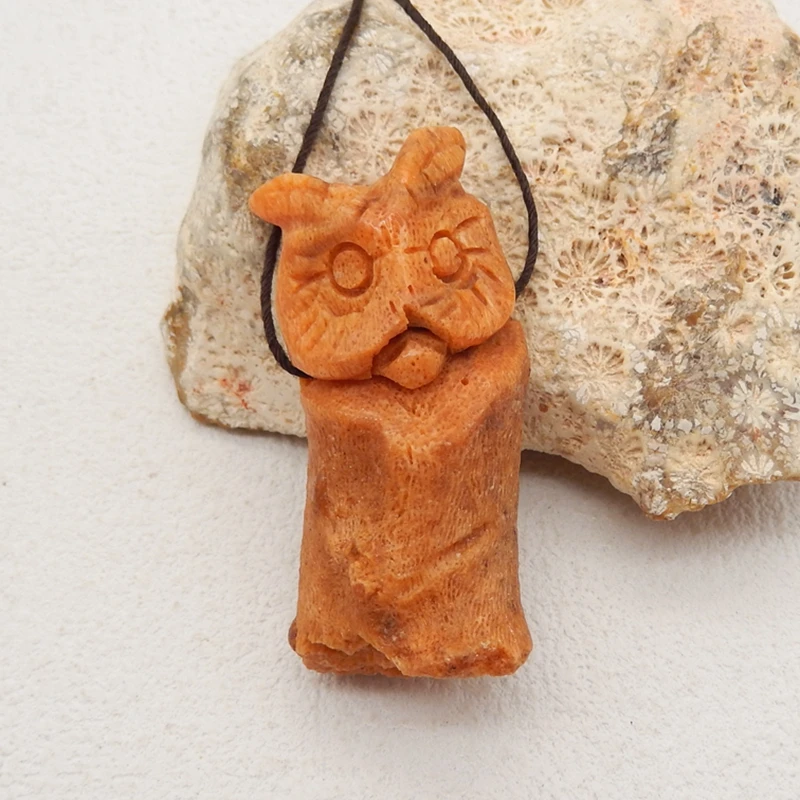 Natural Stone Orange Coral Cute Animal Owl Pendant Necklace Jewelry For Women 47x20x14mm 17g