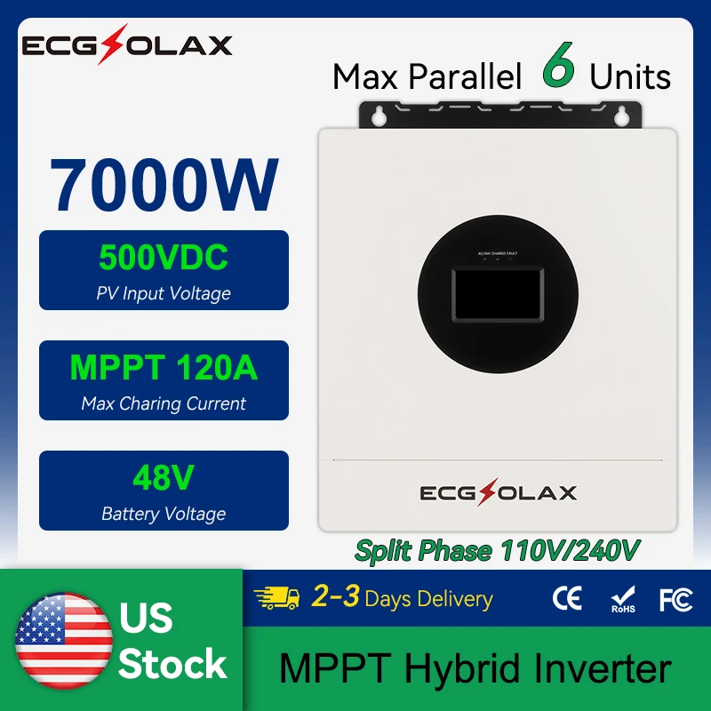 

ECGSOLAX 7KW Hybrid Solar Inverter 48V 110V 240V Split Phase Pure Sine Wave Inverter With MPPT 120A Solar Charger Max PV 500VDC