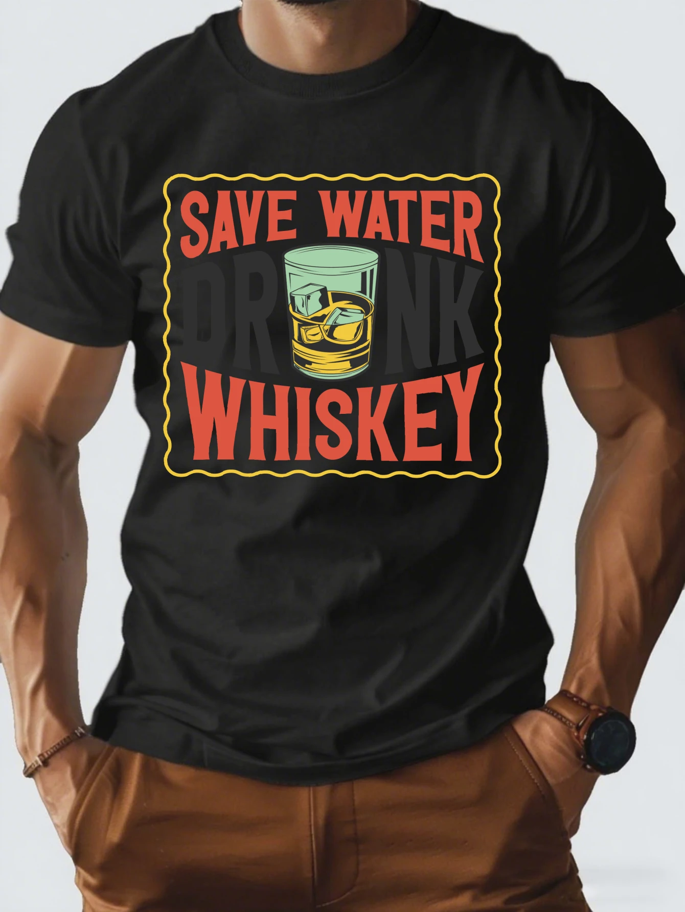 

Retro Save Water Drink Whiskey Graphic T-Shirt for Men, Funny Drinking Short Sleeve Tee, Casual Whiskey Print Tops
