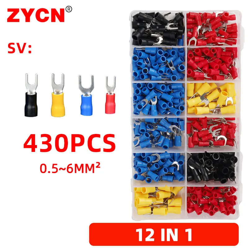 370/430/520PCS 0.5-6mm² AWG10-22 SV1.25-3/2-4/3.5-6 Crimp Terminal Insulated Connector U Fork Wire Copper Cold Press Block Lug