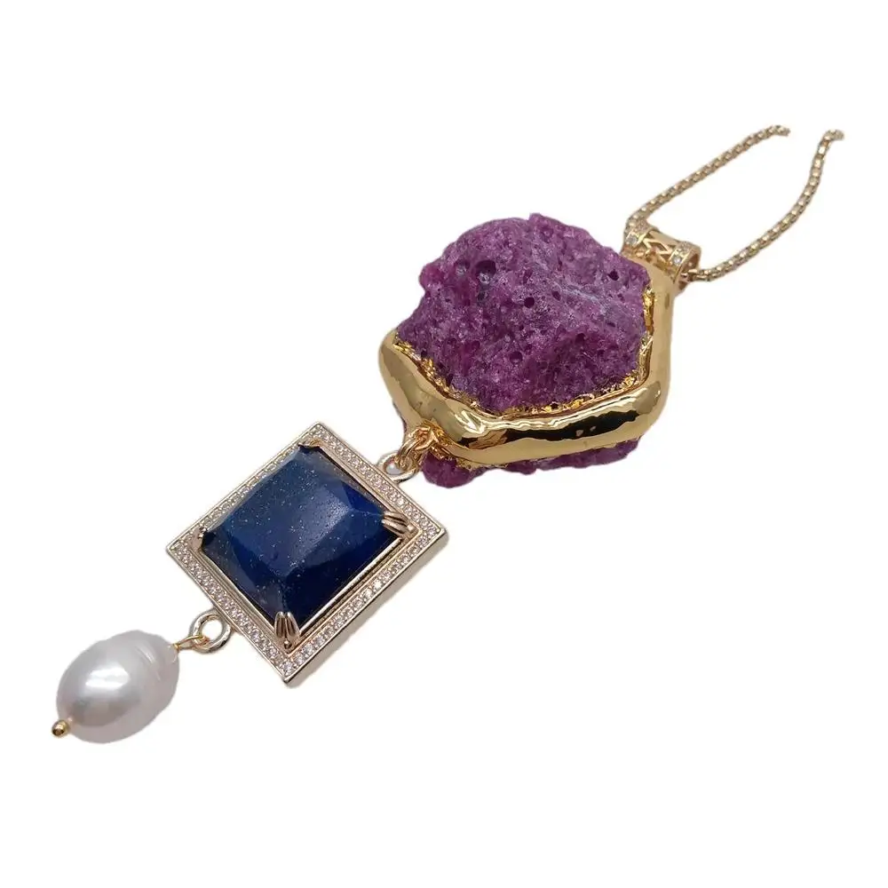 Y·YING Red Ruby Rough Raw Blue Lapis Square White Rice Pearl Gold Plated Chain Necklace