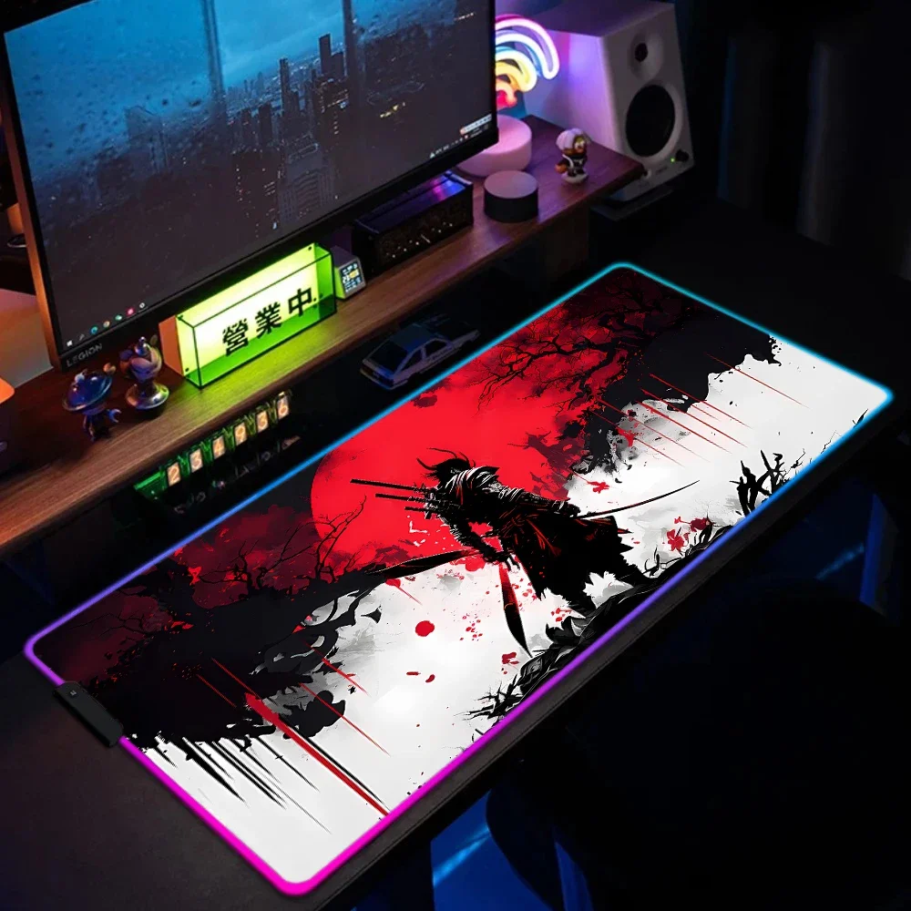 Japanese Sakura Samurai Black Mouse Pad Large RGB Gamer E-Sports Table Mat HD High Quality Laptop PC Rubber Desk Mats 400x900mm