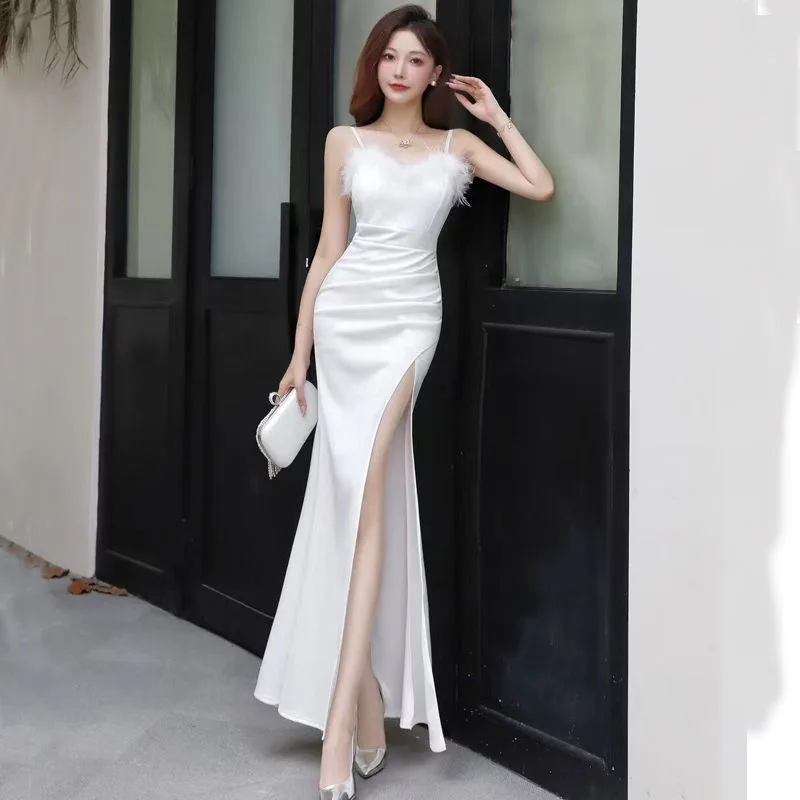 Hot sale 95 socialite temperament tube top feather female slim high-end sexy suspender dress evening dress