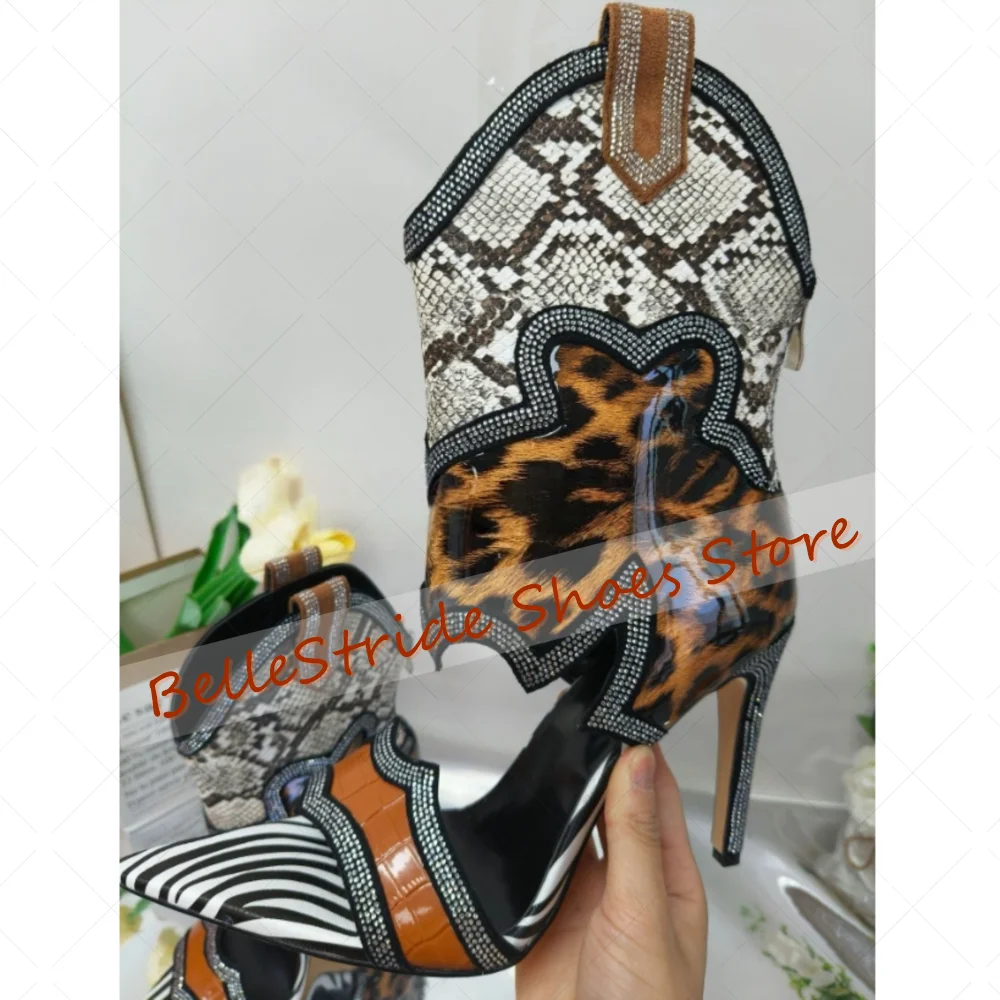 Colorful Pointed Toe Back Zipper Crystal Boots Open Toe Women Shoes Thin High Heels Party Banquet Dating 2025 Zapatos Para Mujer