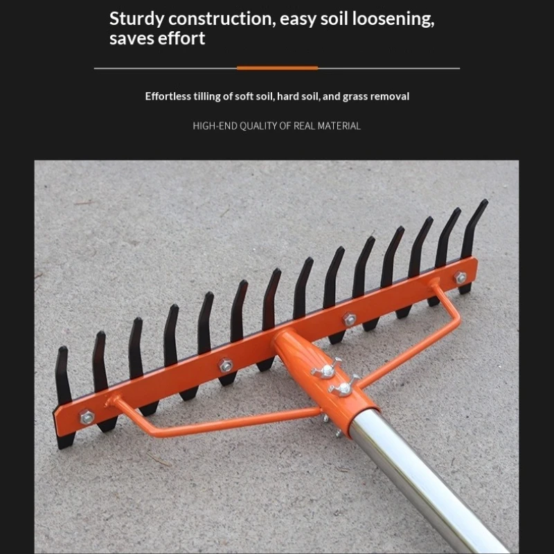 Multi-Functional Stainless Steel Handled Lawn Rake for Garden Soil Turning Grass Debris Ground Courtyard Cleaning