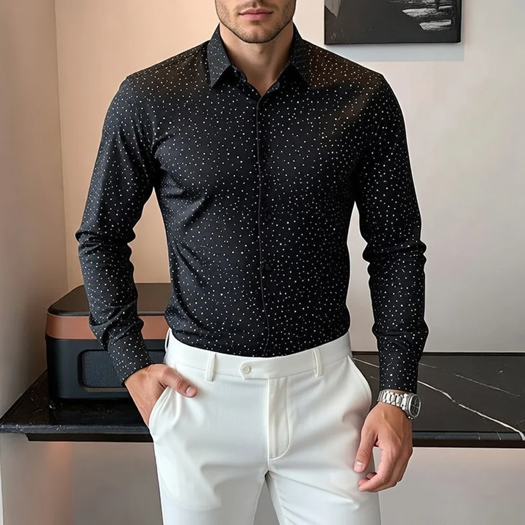 

Autumn Bronzing Star Pattern Casual Shirts For Men Party Club Lapel Button Down Camisas De Hombre Slim Fit Korean Social Blouses