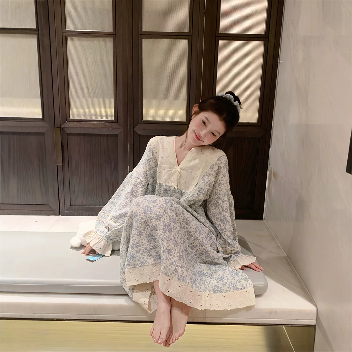 French-Style Sweet Floral Nightgown For Women, New Spring And Autumn Version, Comfortable Long-Sleeve Loose Dress Loungewear