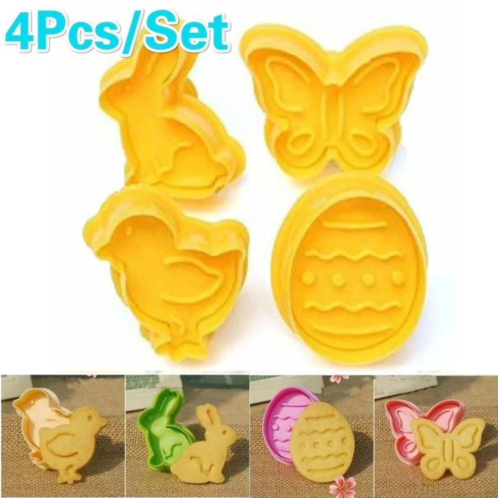 4Pc / Set Easter Egg Rabbit Chick Butterfly Plastic Plunger Fondant Cookie Cutter Set Mold Biscuit Decor Baking ToolsSet